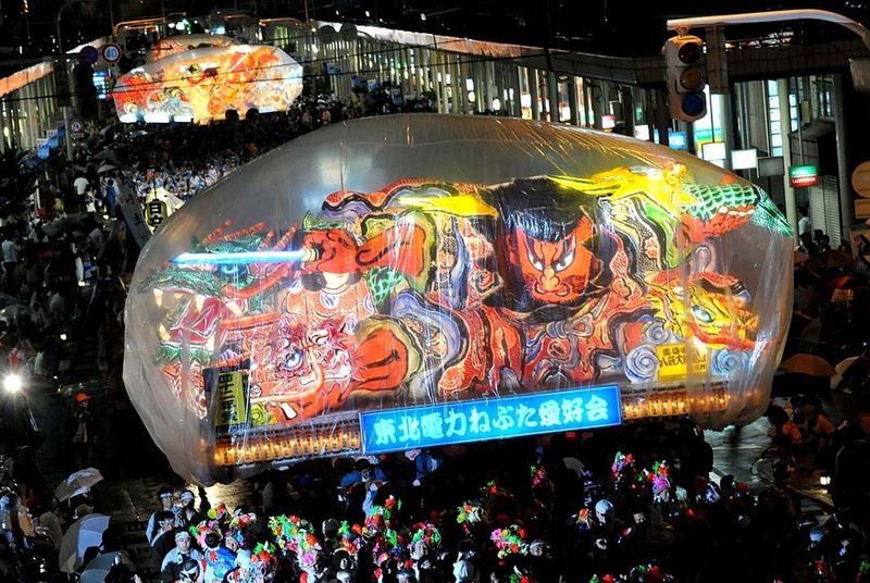 32) Люди маршируют под огромными навесами во время фестиваля Аомори Небута в Японии 2 августа. Шестидневный фестиваль привлек три миллиона зрителей. (Sankei, Getty Images)